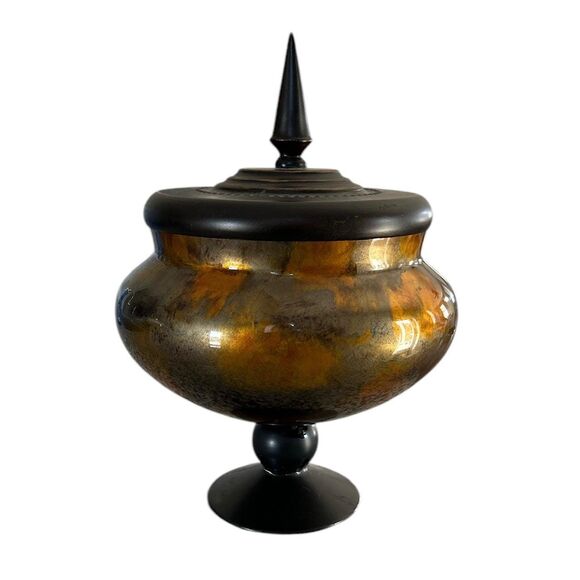 Swirled Brown and Gold Colored Art Glass Decorative Jar with Black Metal Lid